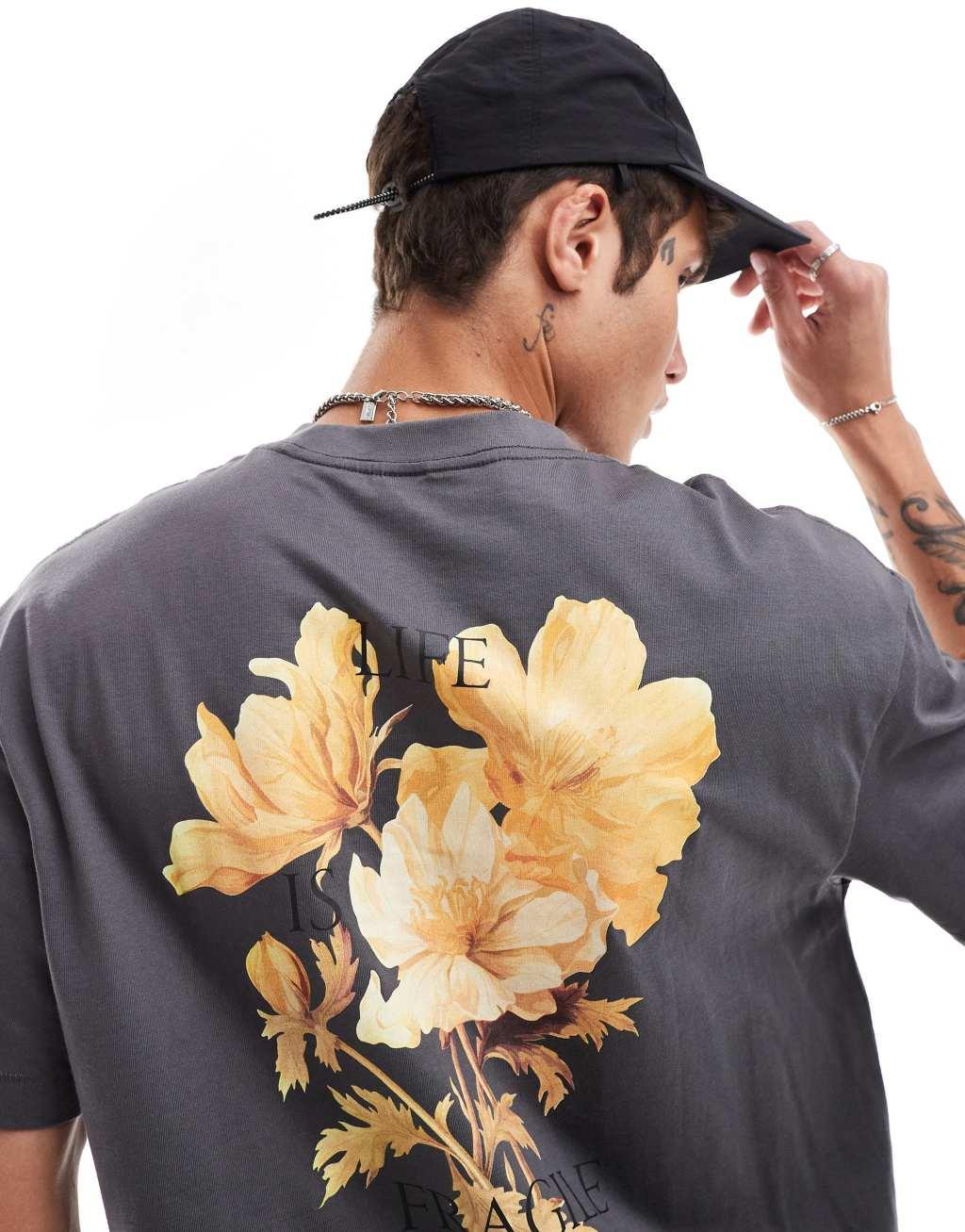 ONLY & SONS oversized T-shirt with floral back print in dark gray Product Image