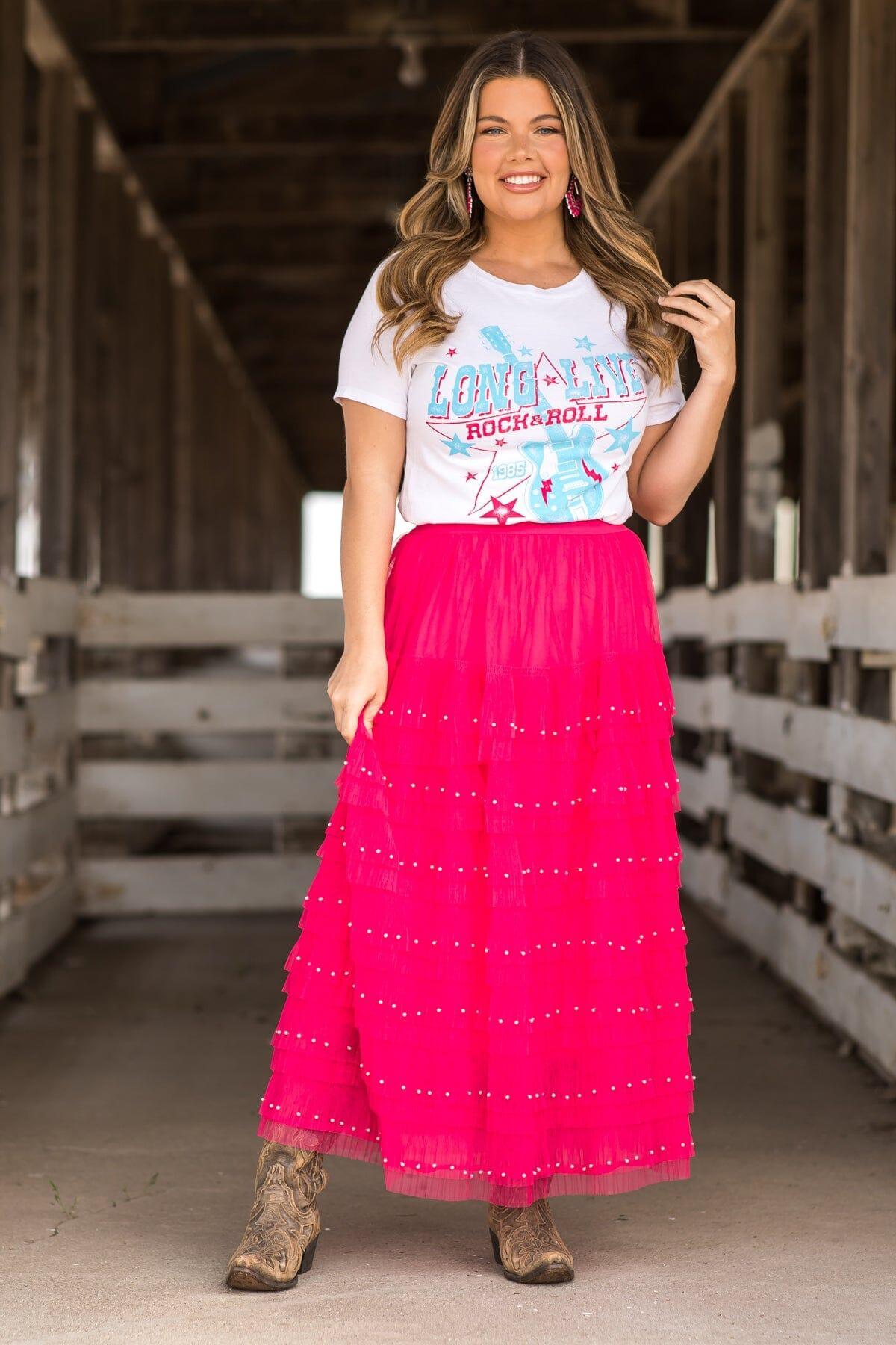 Hot Pink Tulle Midi Skirt With Pearl Detail Product Image