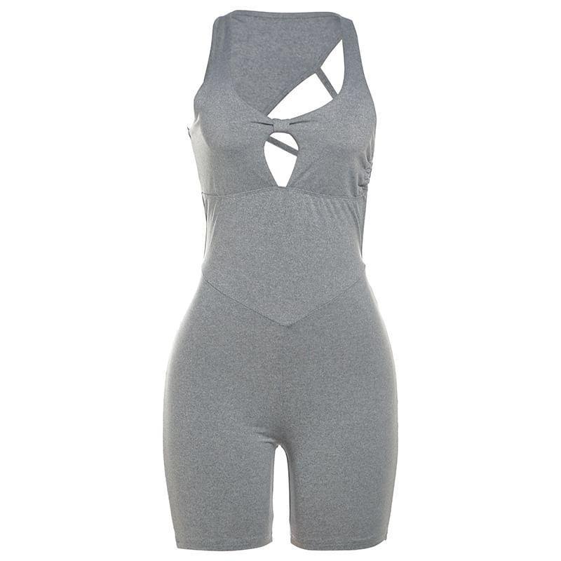 Halter-Neck Caged Back Plain Sports Romper Product Image