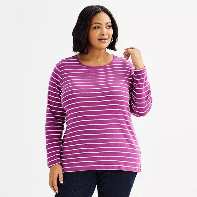 Plus Size Croft & Barrow Essential Crewneck Long Sleeve Tee, Womens Red Classy Stripe Product Image