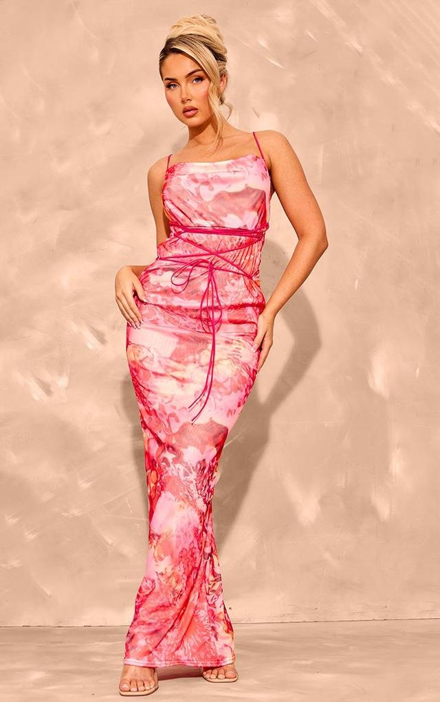 Pink Floral Printed Mesh Cowl Neck Maxi Dress Product Image