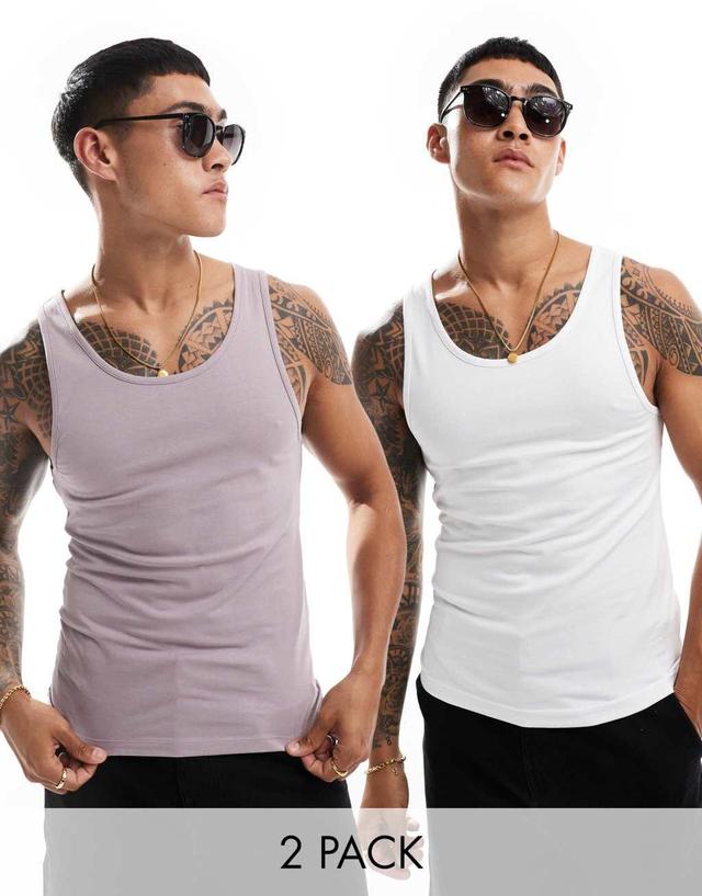 ASOS DESIGN 2 pack muscle tank tops in purple and white Product Image