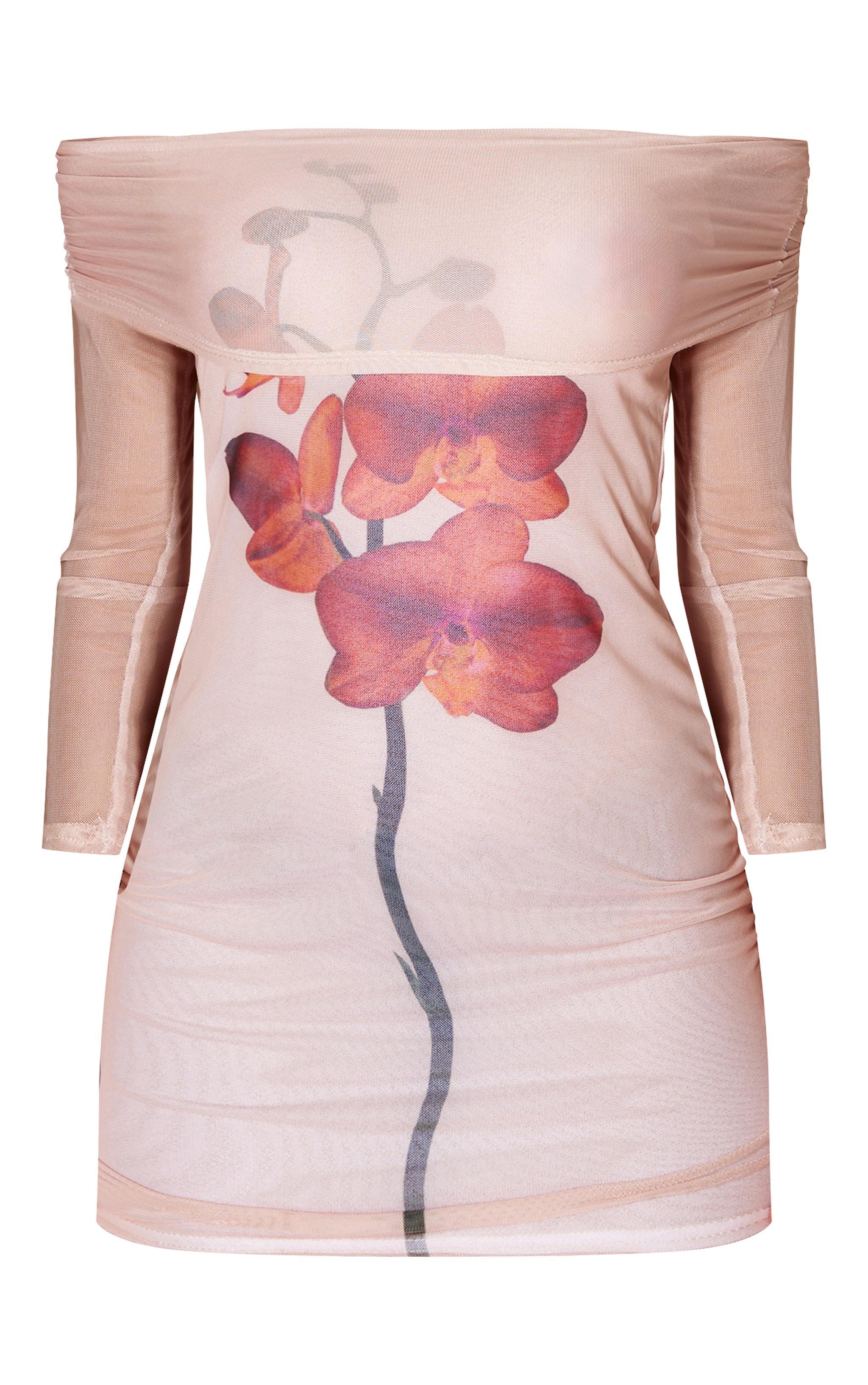 Stone Mesh Floral Printed Bardot Long Sleeve Mini Dress Product Image