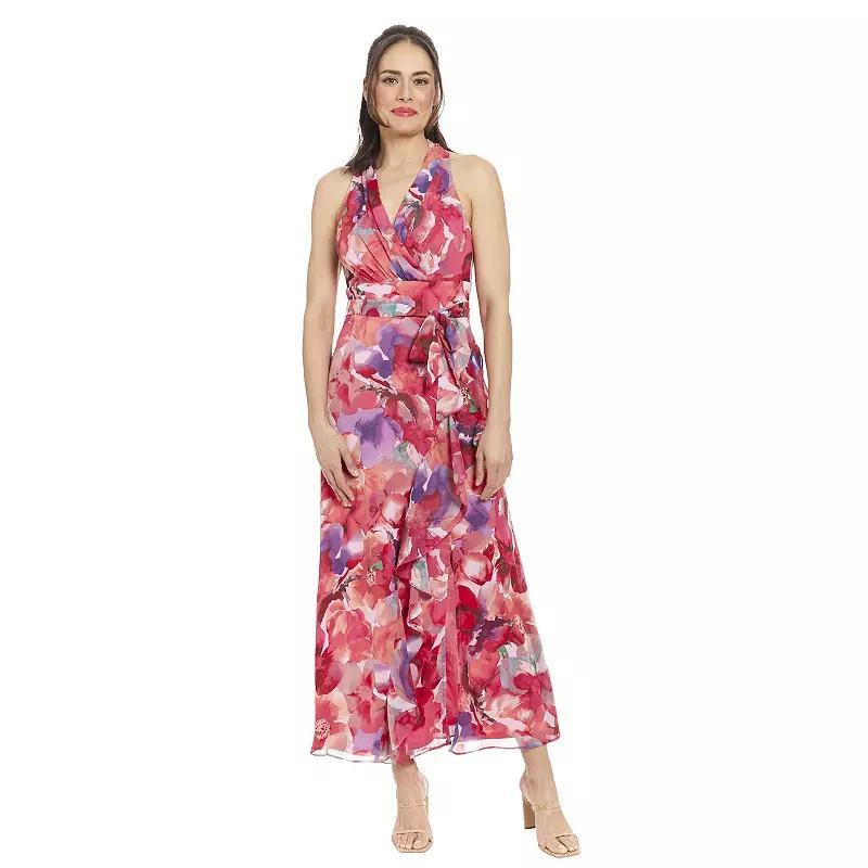 Womens London Times Floral Watercolor Halter Neck Ruffly Slit Hem Maxi Dress Product Image