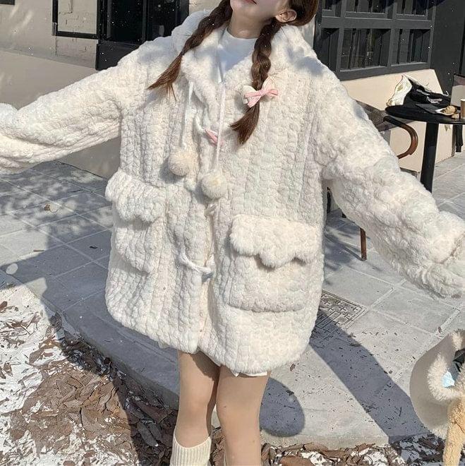 Plain Pom Pom Fluffy Hooded Toggle Coat Product Image