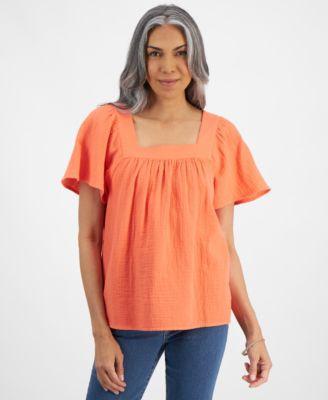 Petite Cotton Square-Neck Raglan-Sleeve Top, Created for Macy's  Product Image