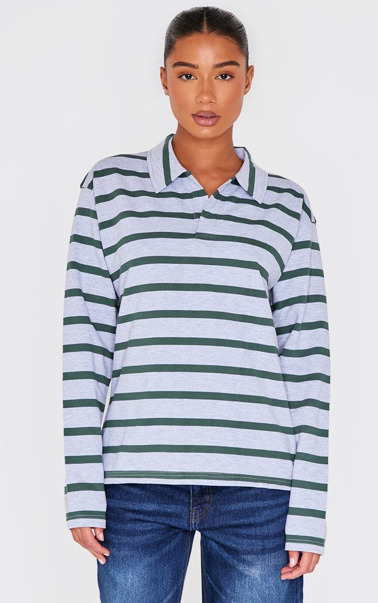 Green Contrast Stripe V Neck Collared Sweatshirt Product Image