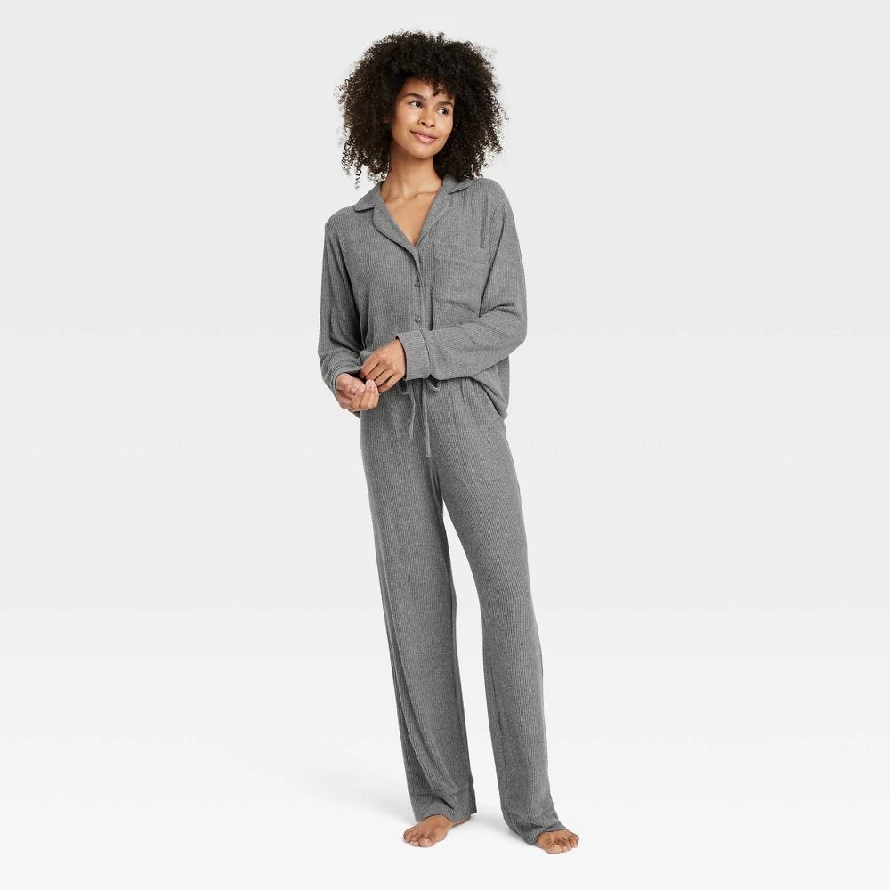 Womens Cozy Ribbed Long Sleeve Notch Collar Shirt and Pants Pajama Set - Auden Dark Gray XS Product Image