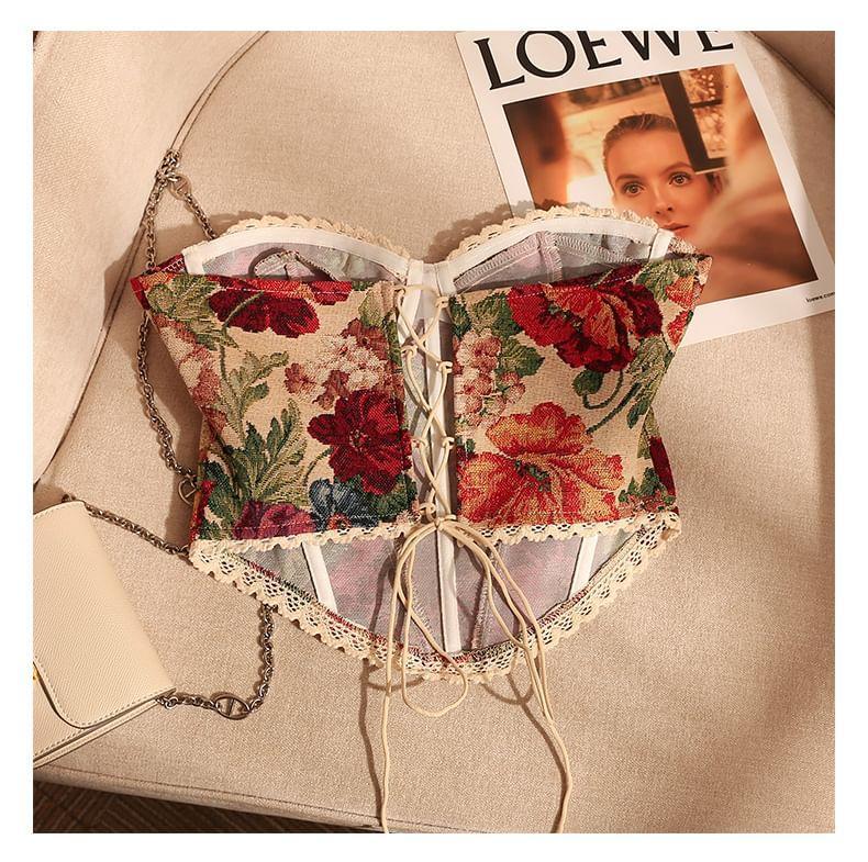 Floral Print Lace Trim Bustier Tube Top Product Image