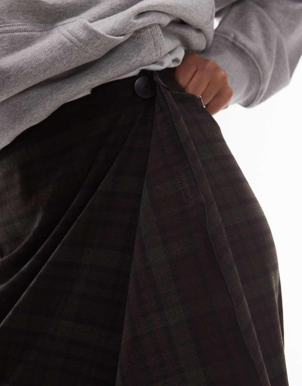 Mango check wrap maxi skirt in khaki Product Image