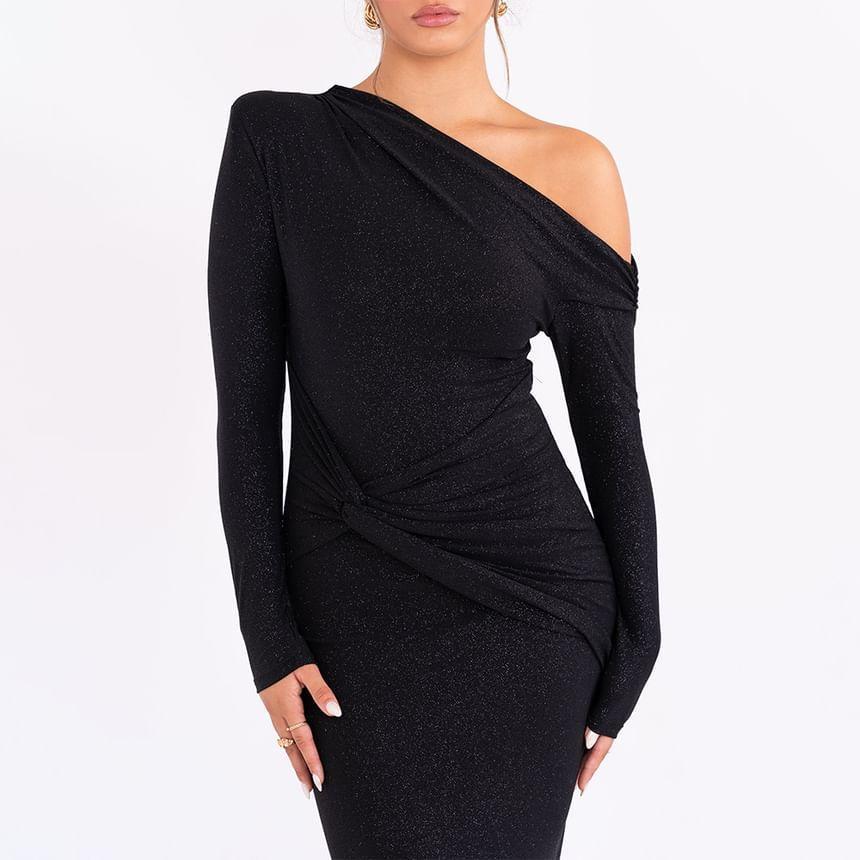 Long-Sleeve Asymmetrical Plain Maxi Sheath Dress Product Image