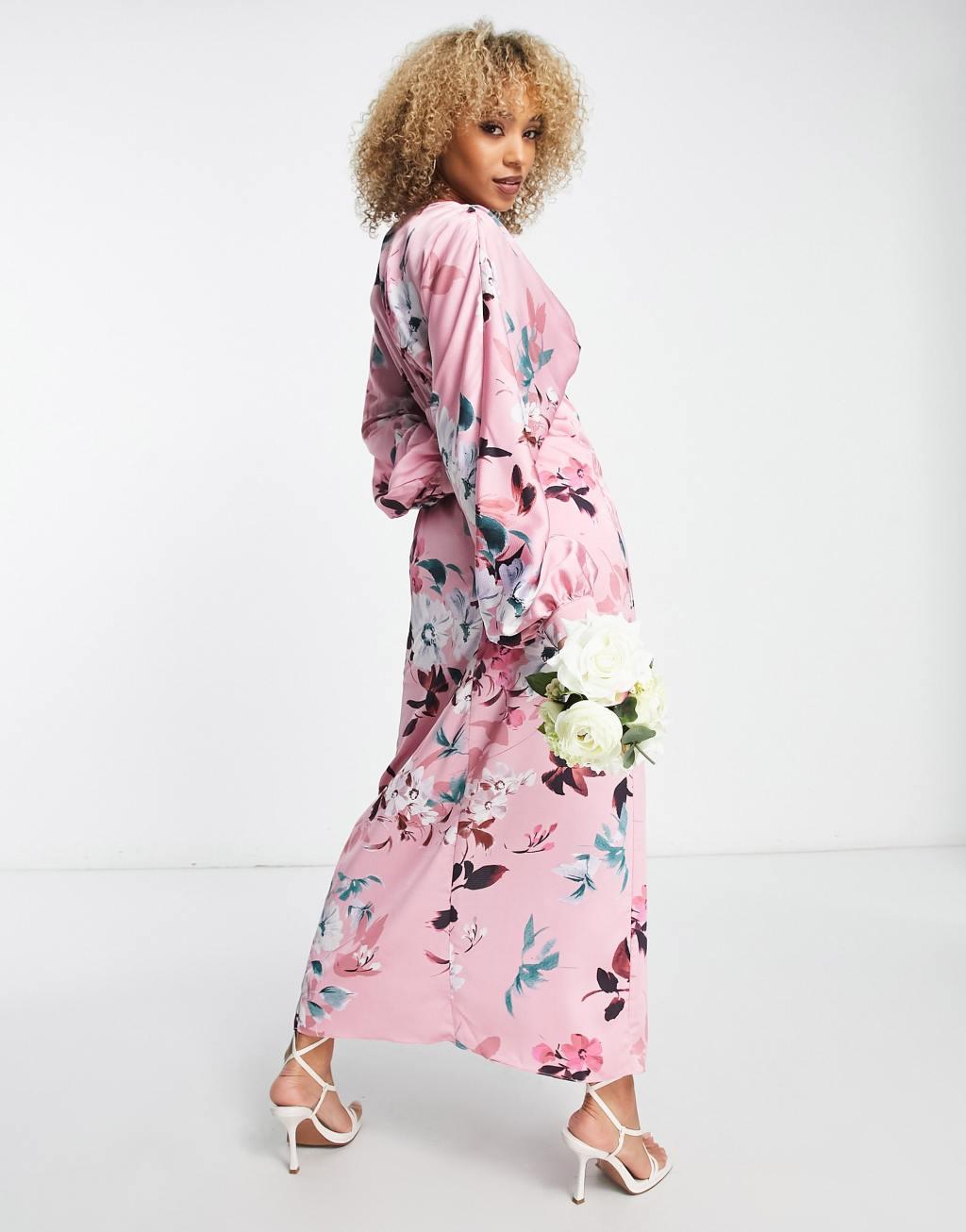 Liquorish satin maxi dress with kimono sleeve in dusky pink floral  Product Image