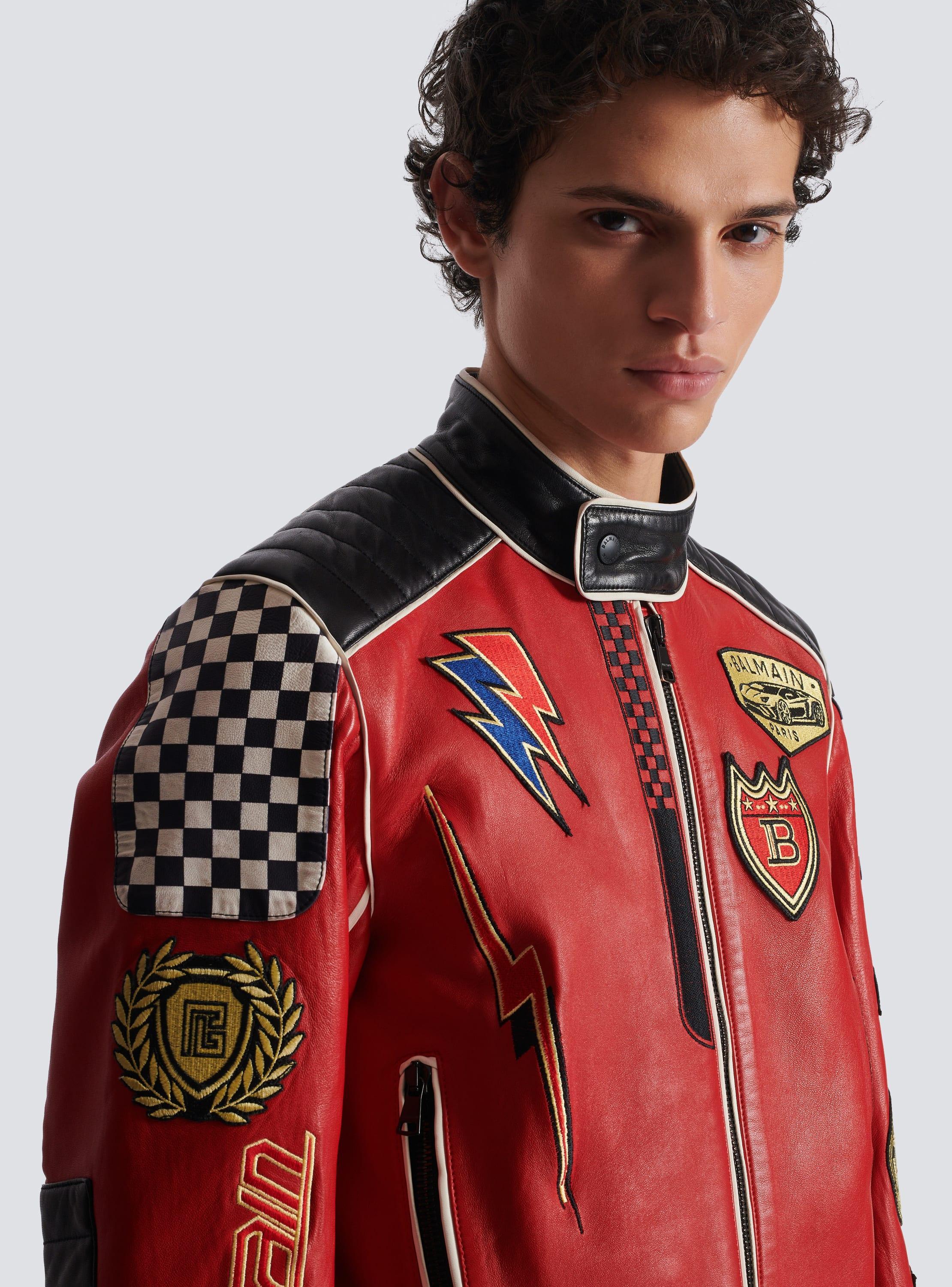 Lambskin jacket with Balmain Racing patches Product Image