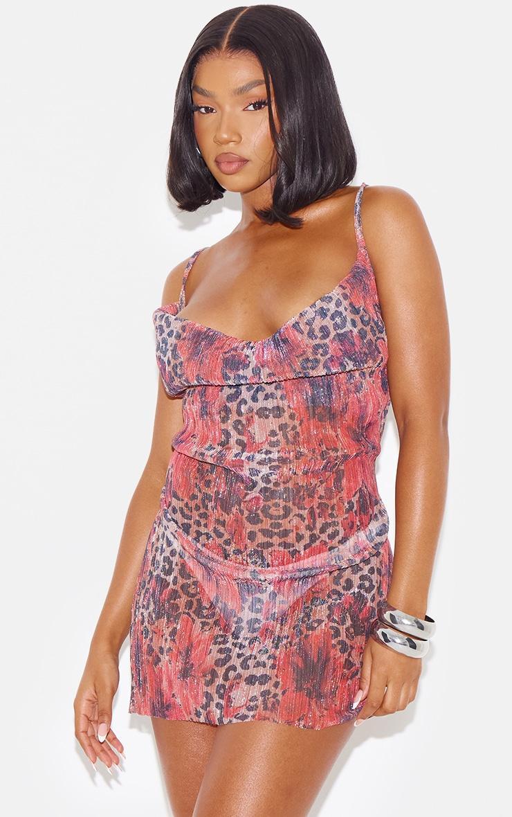 Pink Floral Leopard Print Cowl Neck Shift Dress Product Image