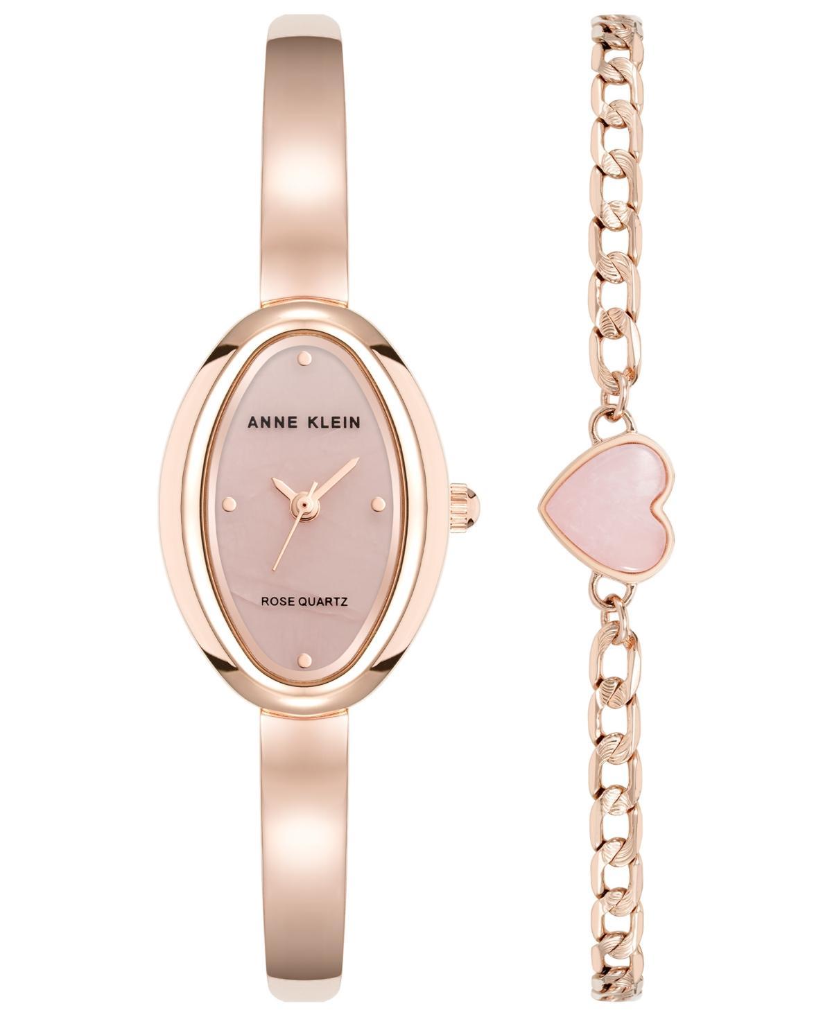 Anne Klein Womens Quartz Oval Rose Quartz Gemstone and Rose Gold-Tone Alloy Metal Bangle Watch Set, 20mm - Pink/Rose Gold-Tone Product Image