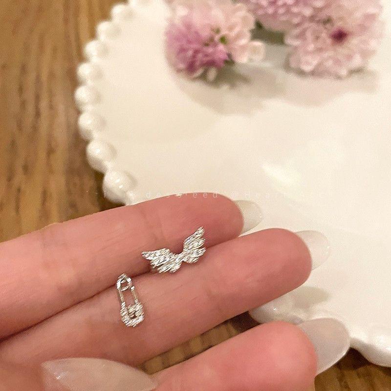 925 Sterling Silver Rhinestone Safety Pin / Wing Stud Earring / Ear Cuff Product Image