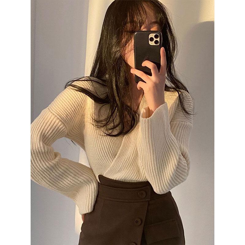 High Rise Asymmetrical Plain Mini Skirt / Long-Sleeve V-Neck Plain Knit Top Product Image