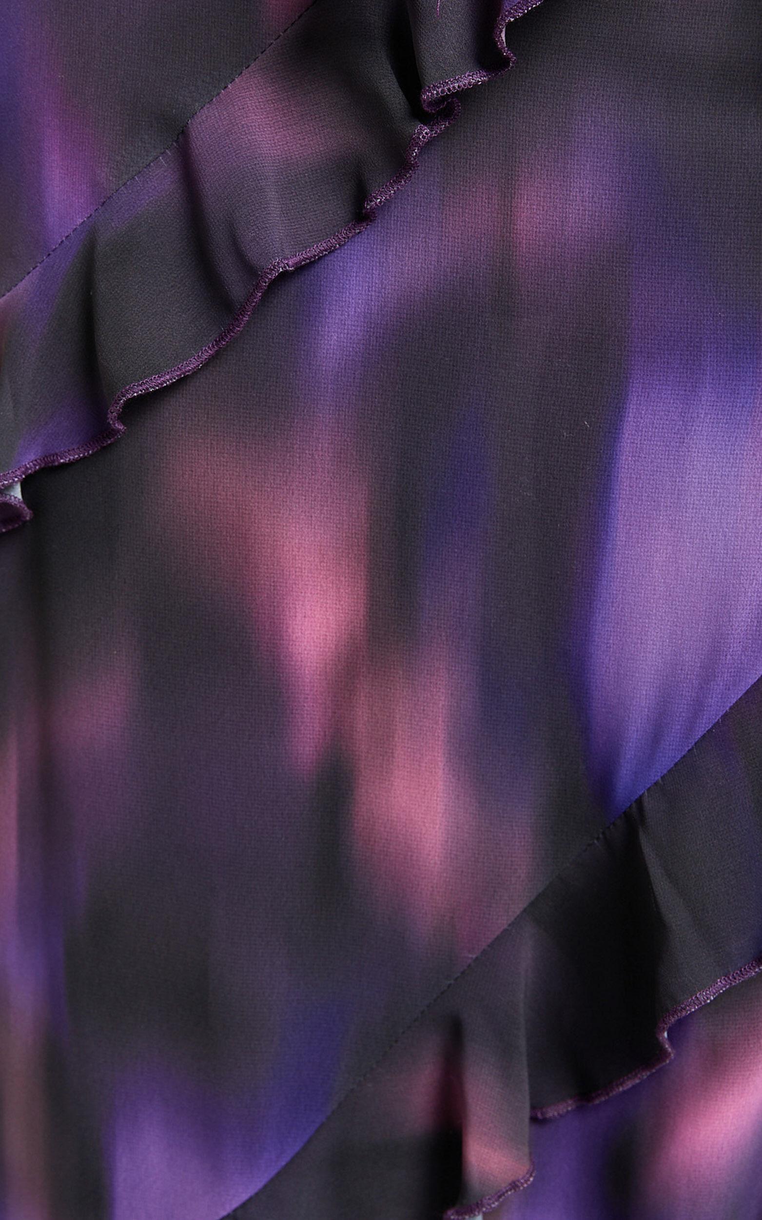 Velma Maxi Skirt - Recycled Tiered Ruffle Thigh Split Skirt in Violet Night Print Product Image