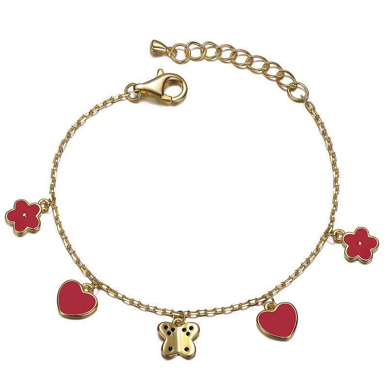 Kids 14k Gold Plated Red Enameled Dangle Charm Bracelet, Womens Gold Tone Product Image