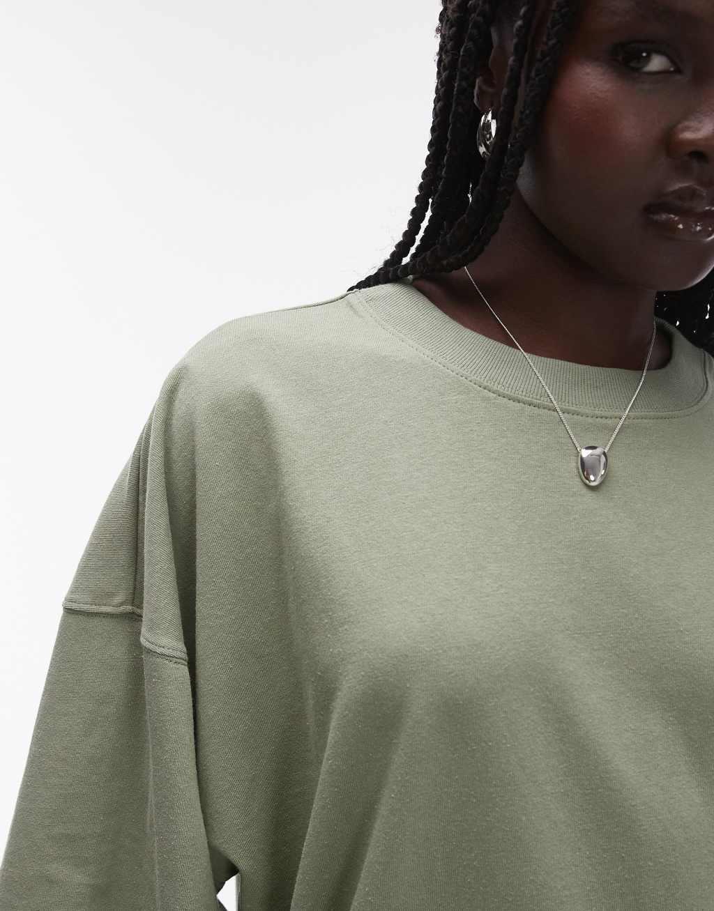 Topshop oversized drop shoulder tee in khaki Product Image