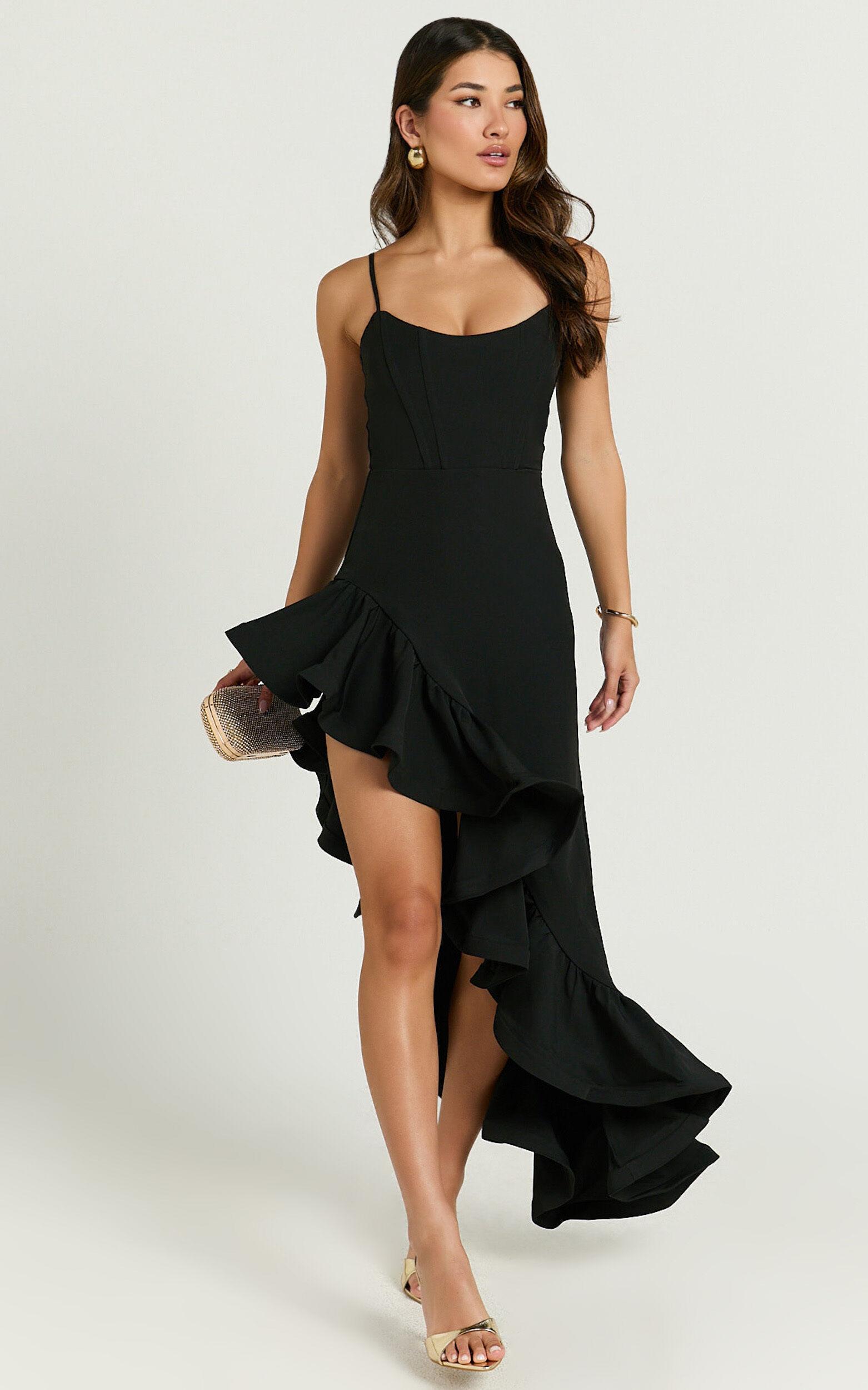 Maura Maxi Dress - Scoop Neckline Ruffle High Low Dress in Black Product Image