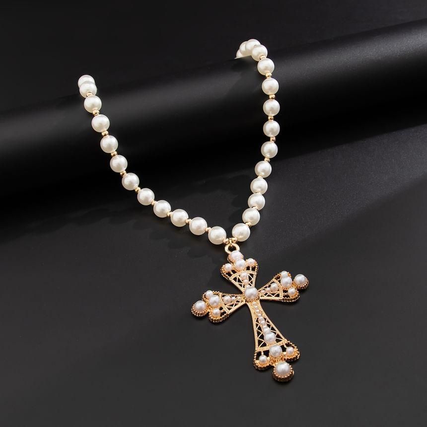 Cross Pendant Faux Pearl Necklace Product Image