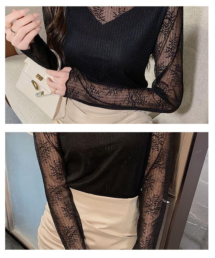 Long Sleeve Mock Neck Floral Lace Panel Top Product Image