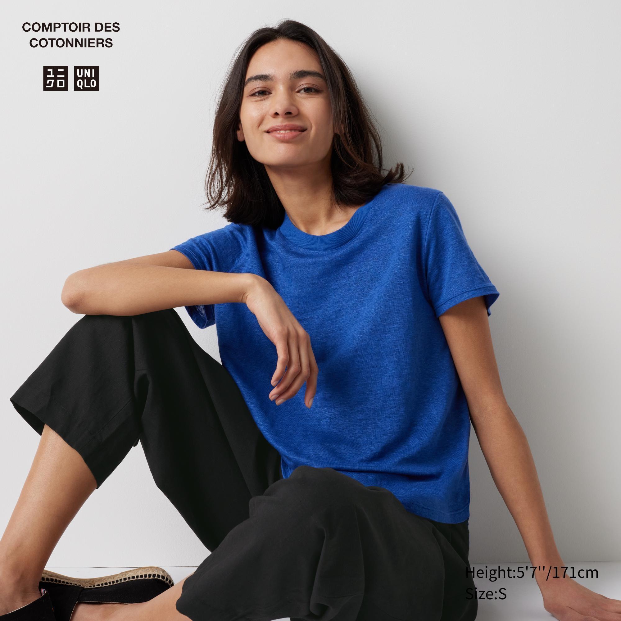 Womens Linen Crew Neck Short Sleeve T-Shirt Blue XL UNIQLO US Product Image