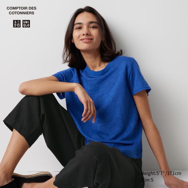 Womens Linen Crew Neck Short Sleeve T-Shirt Blue 2XS UNIQLO US Product Image