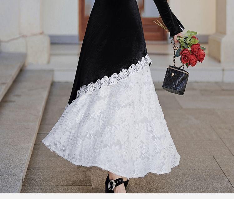 Long-Sleeve Stand Collar Asymmetrical Lace Panel Velvet Maxi A-Line Dress Product Image