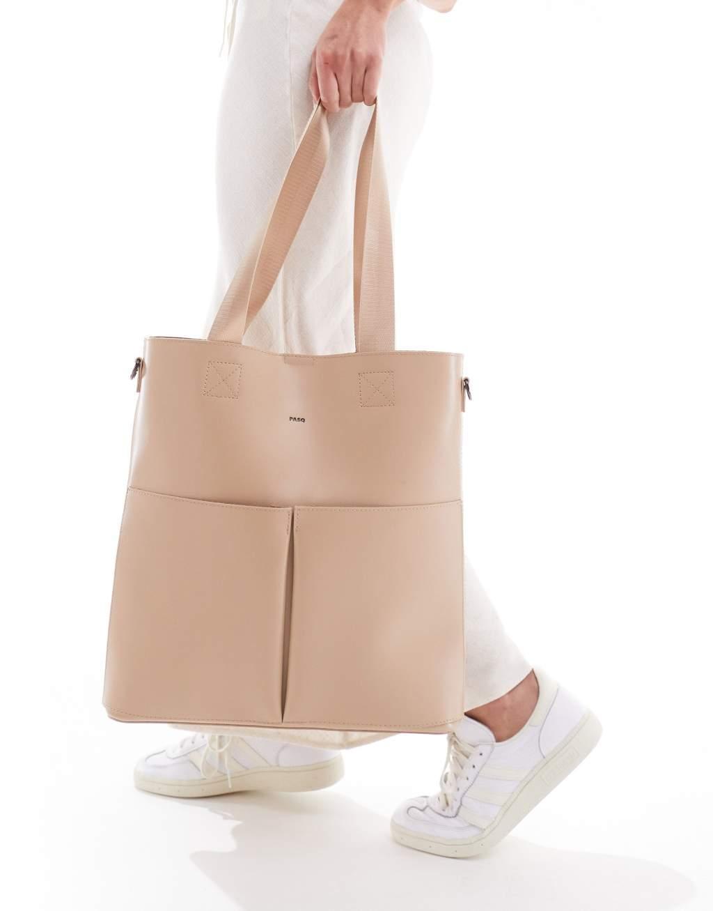 PASQ two-pocket tote bag with removable pouch in taupe Product Image