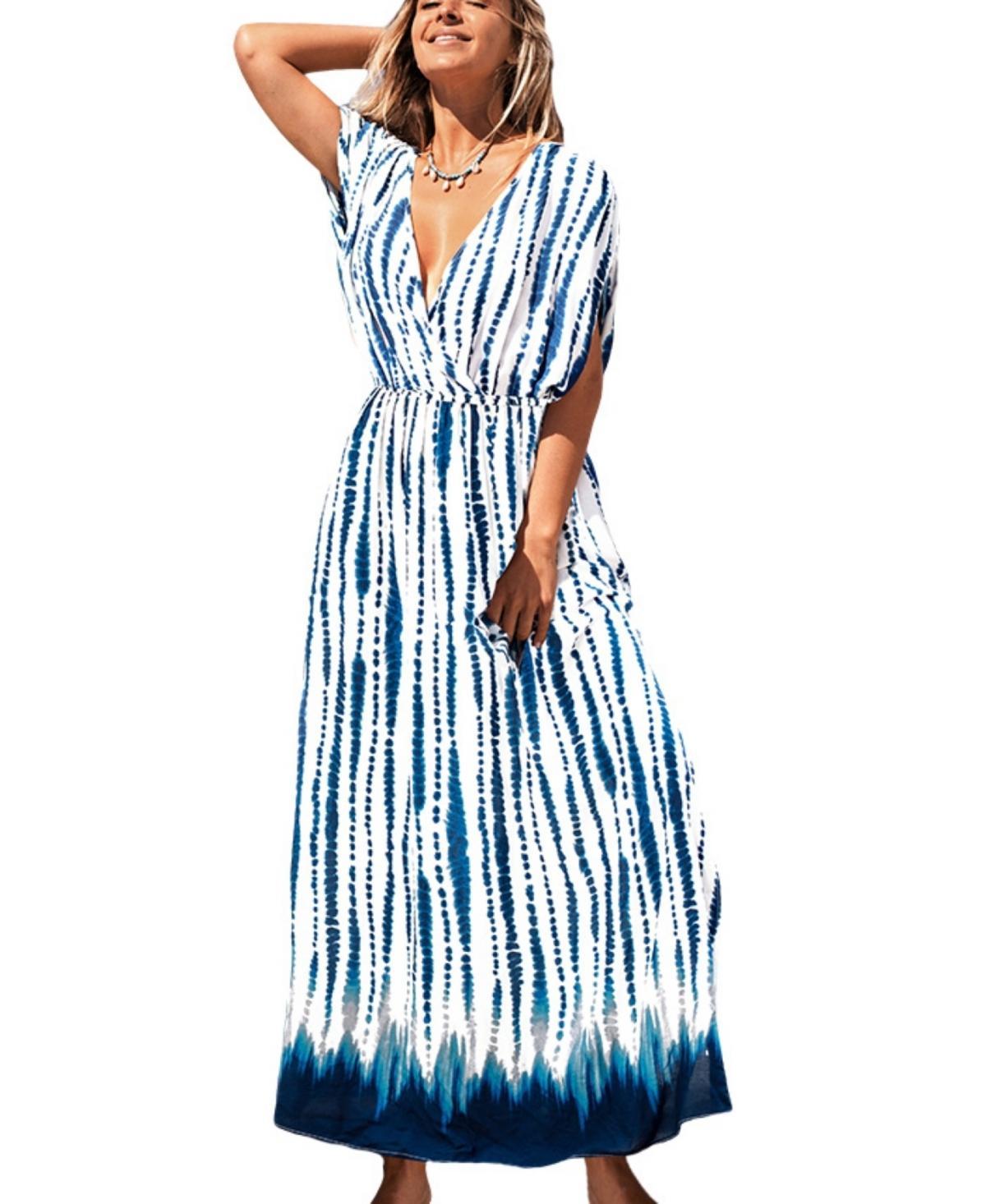 Cupshe Womens Blue Dip Tie Dye Dolman Sleeve Maxi Beach Dress Product Image