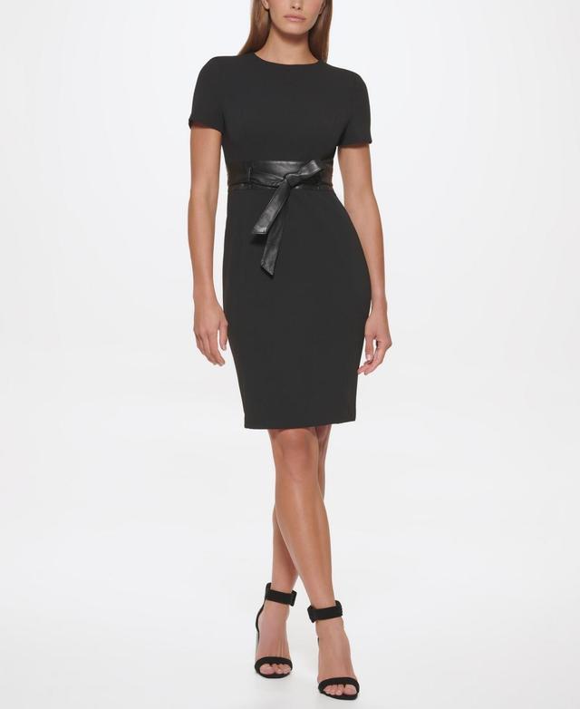 Calvin Klein Scuba Crepe Short Sheath Dress with Faux Leather Belt (Black) Women's Dress Product Image