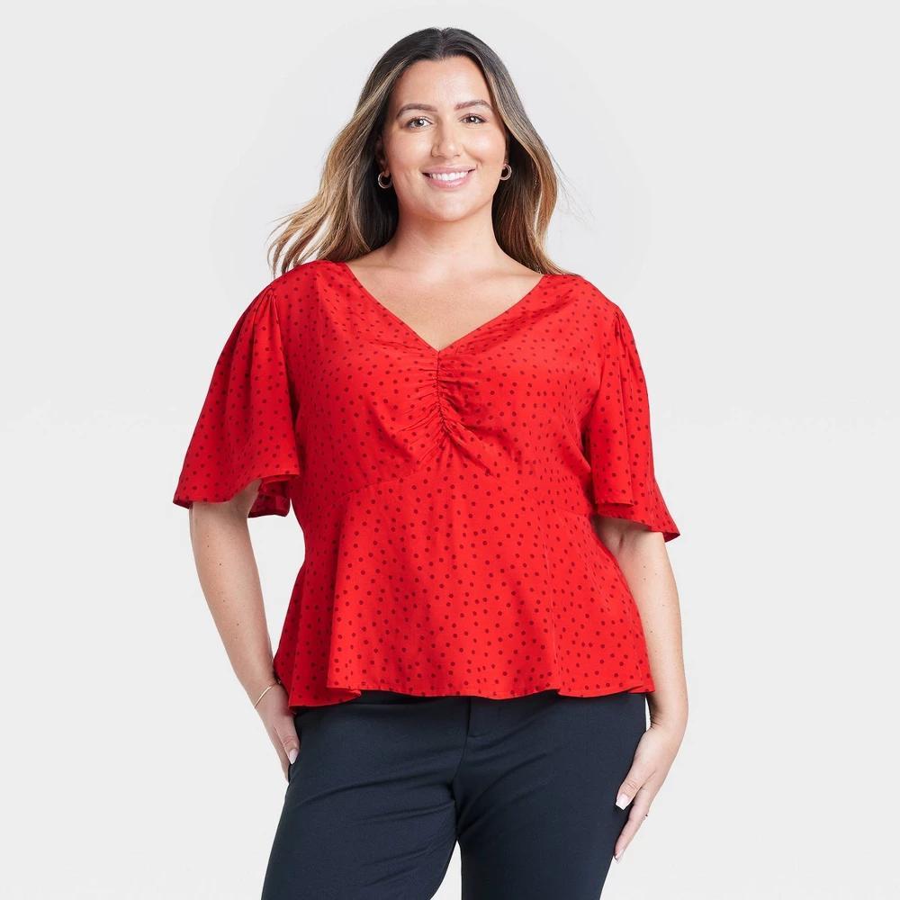 Womens Slim Fit Flutter Short Sleeve V-Neck Top - A New Day Red Polka Dots XXL Product Image