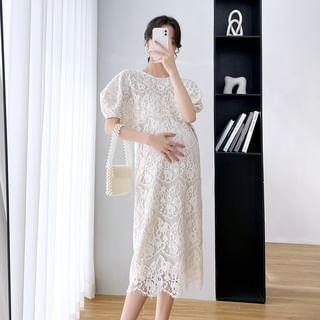 Maternity Short-Sleeve Round Neck Plain Lace Midi A-Line Dress Product Image