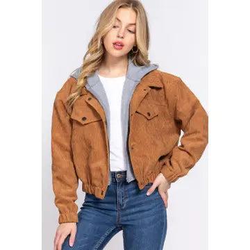 Camel Long Sleeve Inside Hoodie Corduroy Jacket Female Product Image