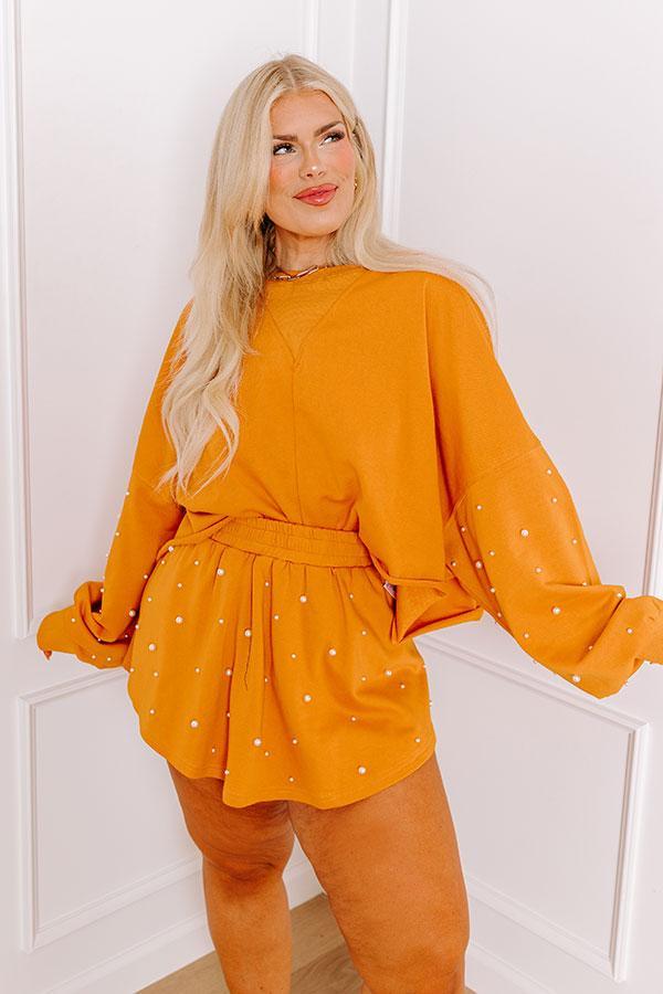 Sideline Chic Pearl Embellished Crop Sweatshirt in Rust Curves Product Image