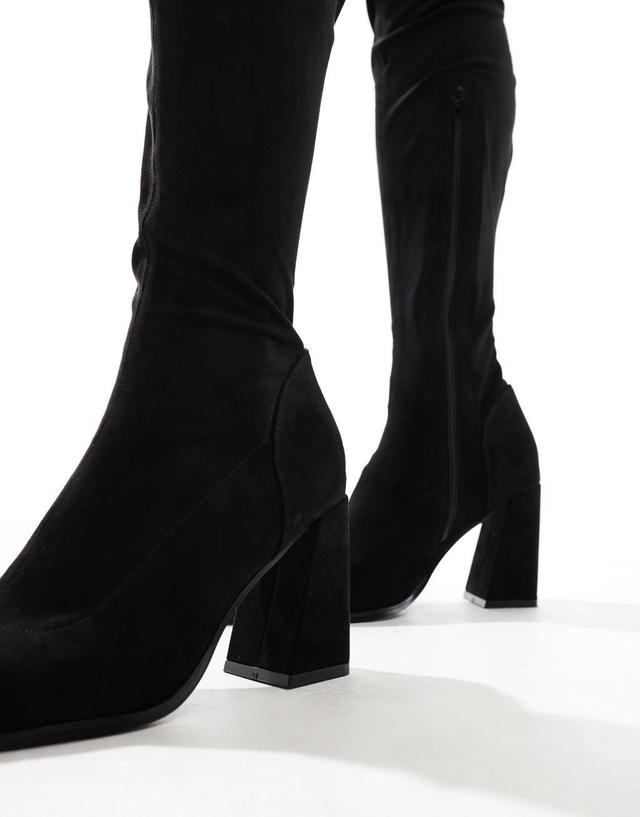 ASOS DESIGN Keely block-heeled over the knee boots in black micro Product Image