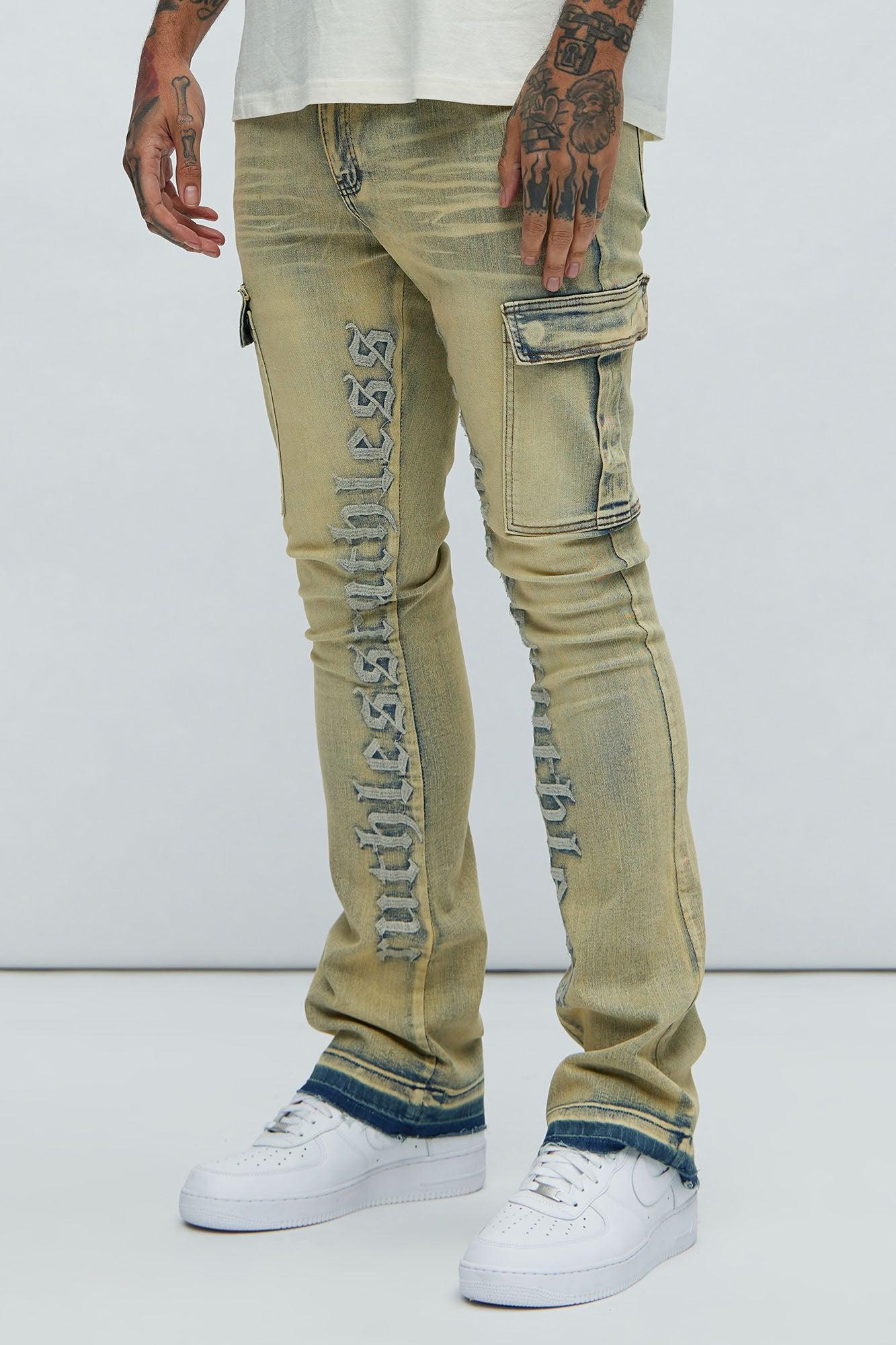 Ruthless Embroidered Stacked Skinny Cargo Flare Jeans - Vintage Blue Wash Product Image