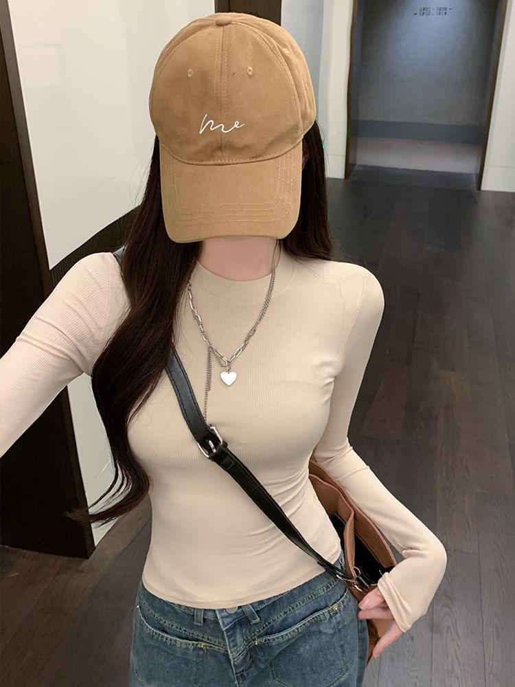 Long-Sleeve Mock Neck Plain Slim Fit Crop T-Shirt Product Image