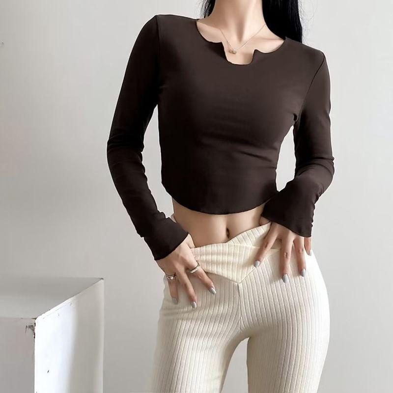 Long-Sleeve V-Neck Plain Crop T-Shirt Product Image