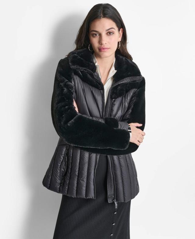 Dkny Womens Faux-Fur Spread-Collar Puffer Jacket Product Image