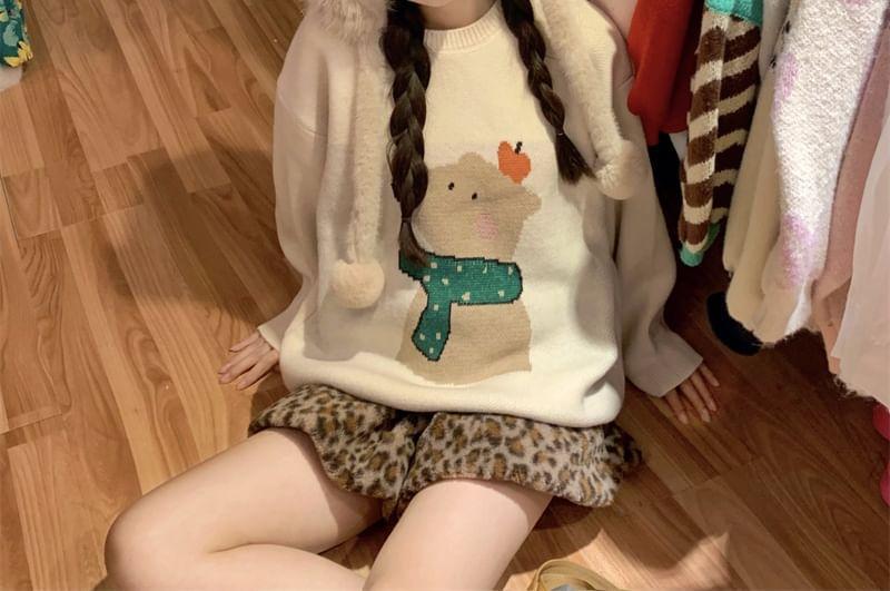 Drop Shoulder Crew Neck Cartoon Animal Oversized Sweater Product Image