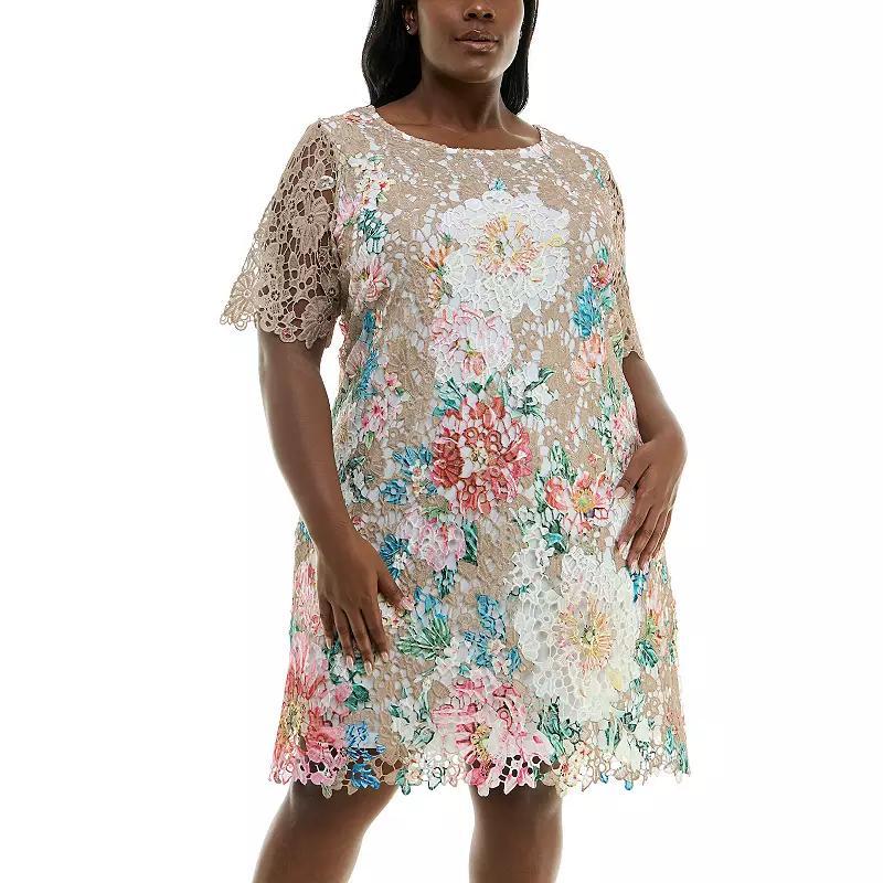 Plus Size Nina Leonard Elbow Sleeve Lace Print Dress, Womens Product Image