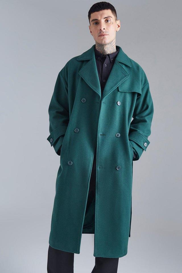 Mens Green Double Breasted Storm Flap Overcoat, Green Product Image