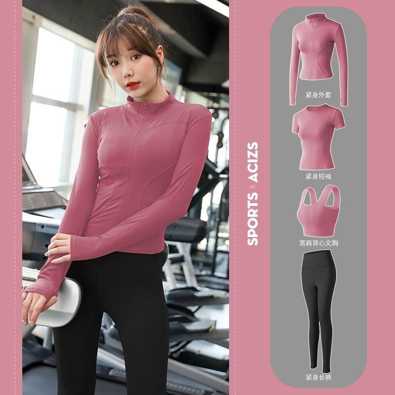 Set: Plain Sports Bra + Stand Collar Panel Zip Yoga Jacket + High Waist Yoga Pants Product Image