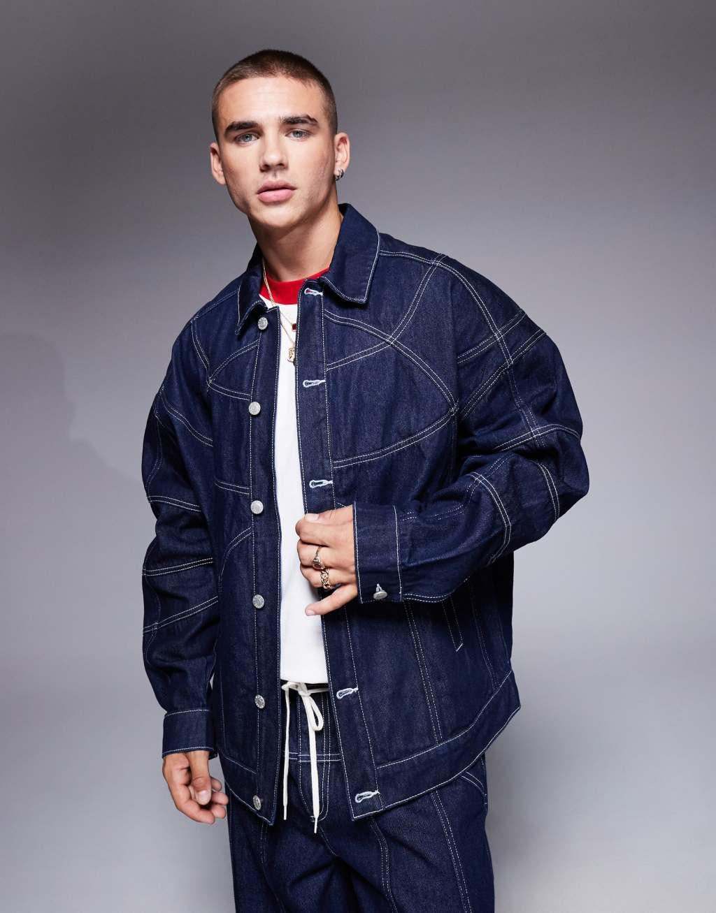 ASOS DESIGN oversized denim jacket with seam detail in indigo - part of a set Product Image