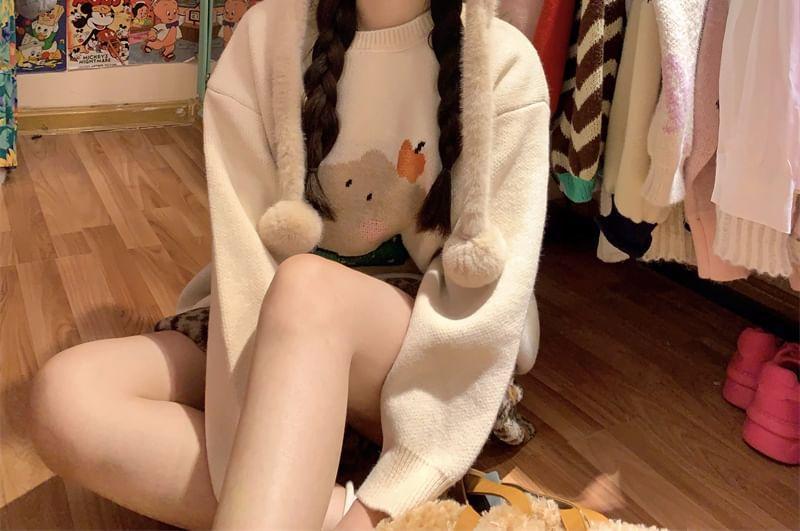 Drop Shoulder Crew Neck Cartoon Animal Oversized Sweater Product Image