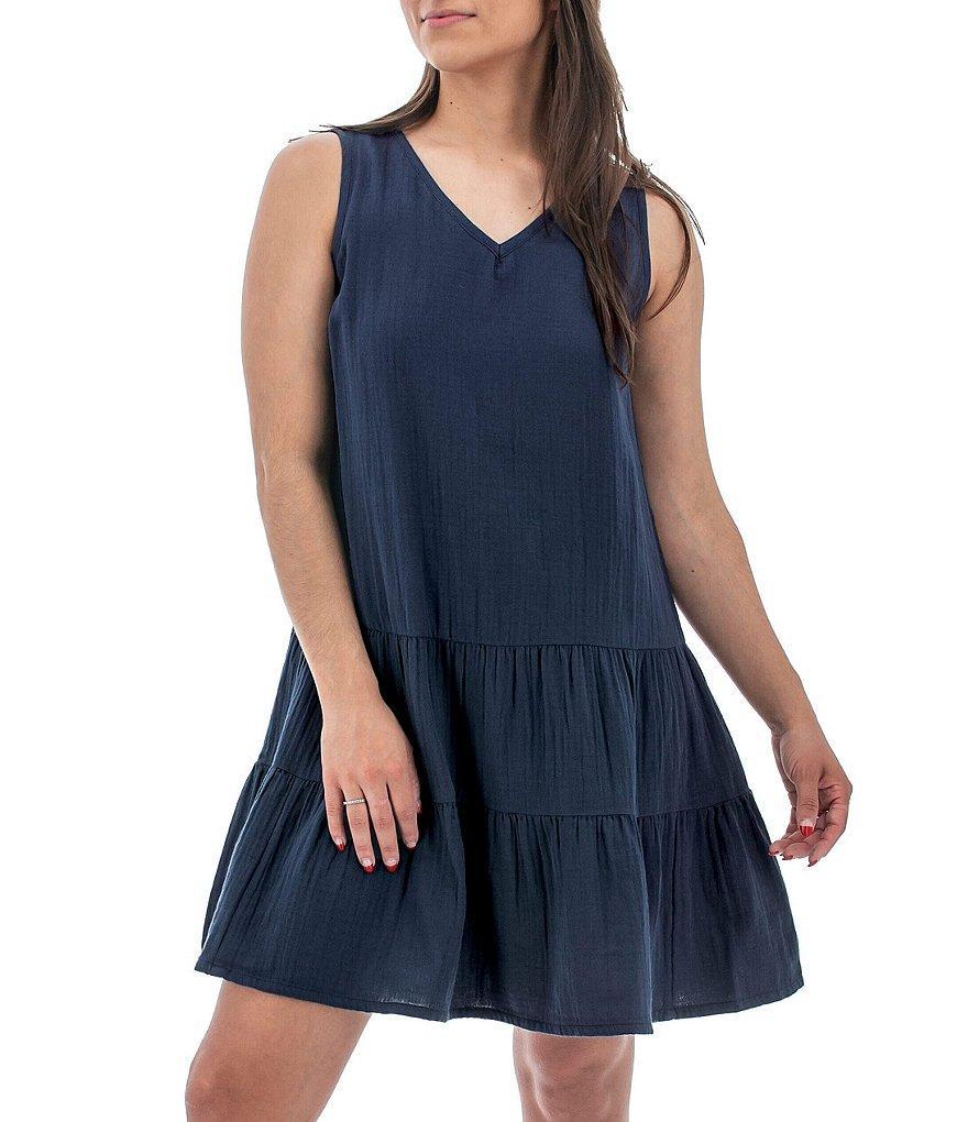 Aventura Kelford Gauze Woven Solid V-Neck Tiered Hem Shift Dress Product Image