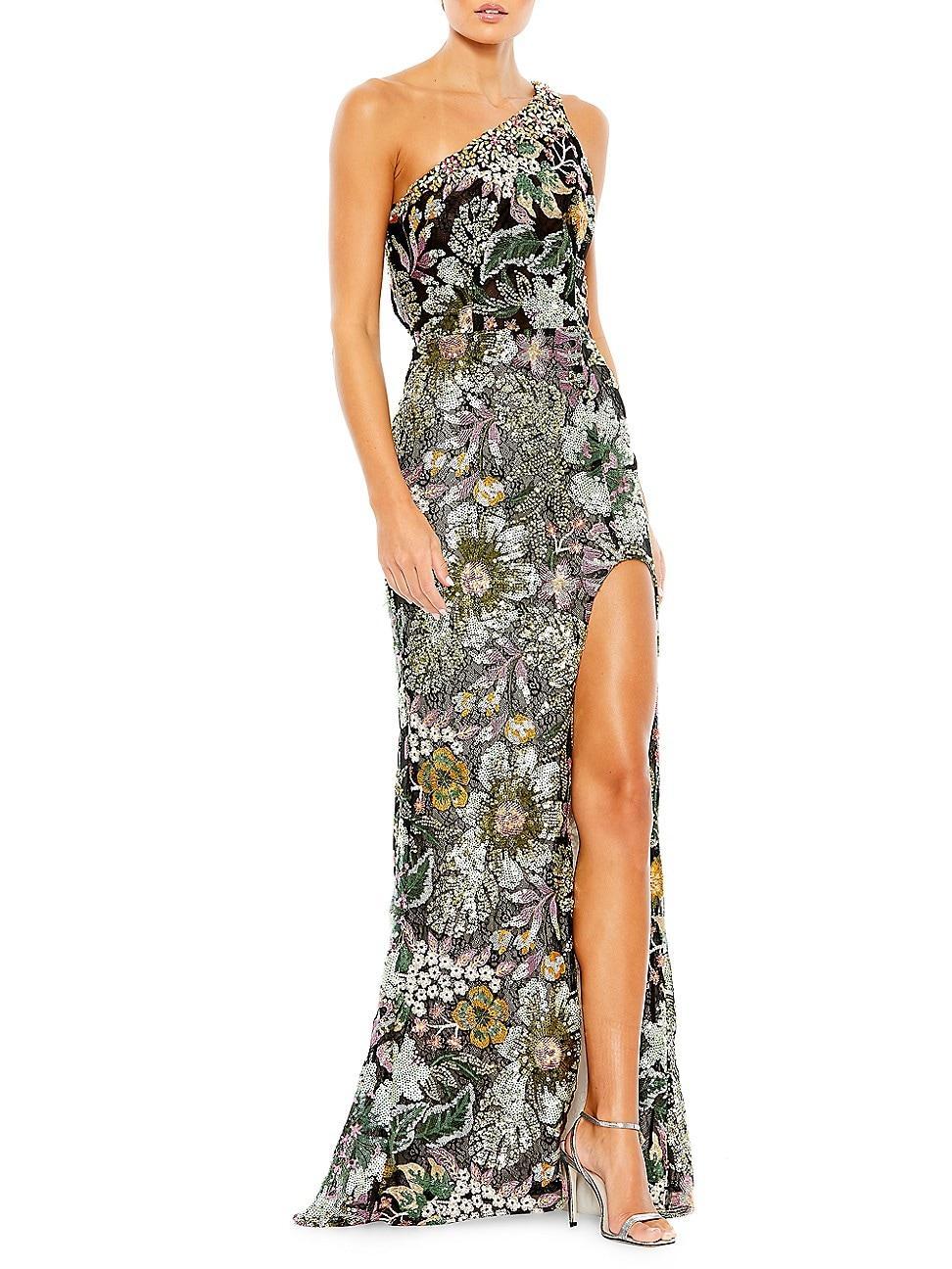 Mac Duggal Sleeveless Asymmetric One Shoulder Floral Embroidered Thigh High Slit Sheath Gown Product Image